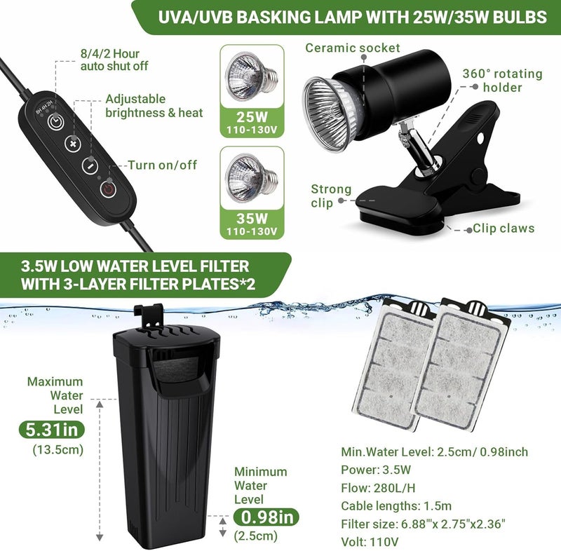 GOZILLA Aquatic Turtle Tank Kit+Lamp+Filter, Upgrade PC Turtle Tank Starter Kit with Adjustable Lamp & Filter,Reptile Habitat with Lid,Hanging Platform for Small Reptiles.(15.75×7.9×9''/Black Kit) - Image 4